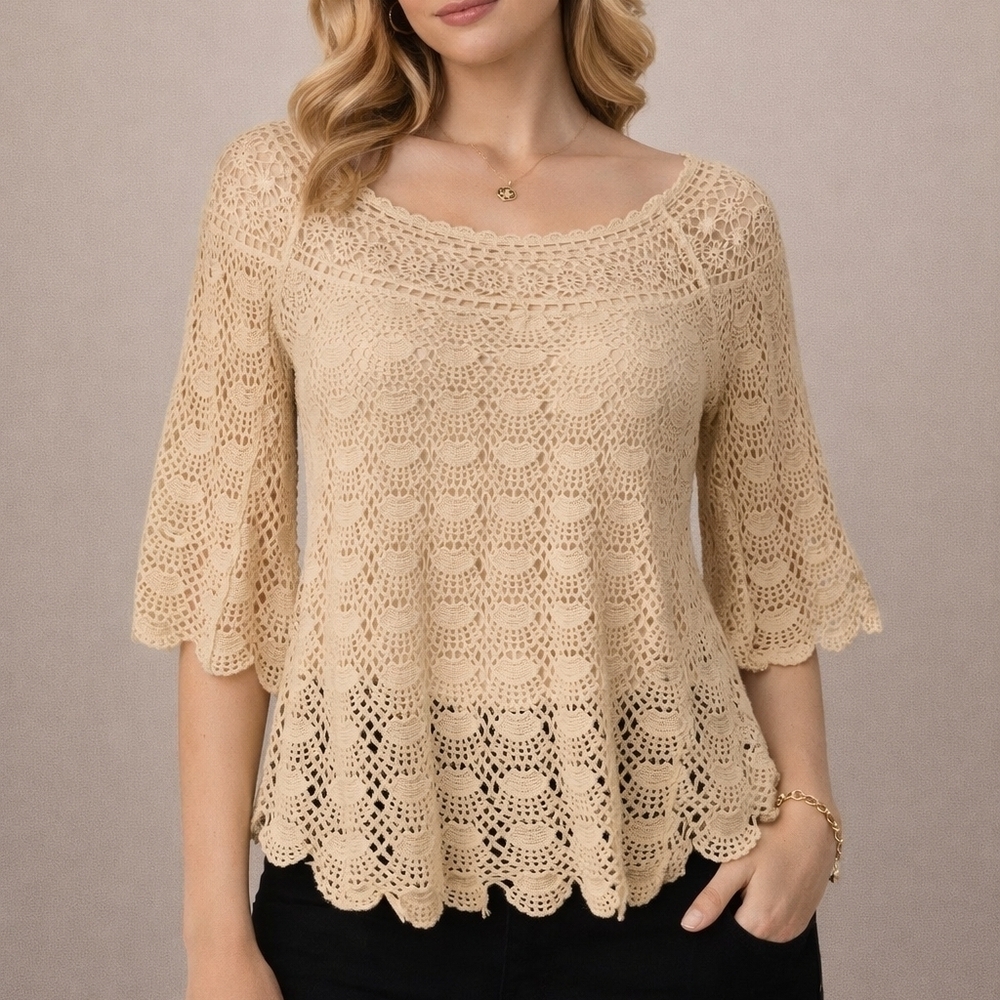 Vintage Antique Ivory Crochet Scallop Lace Semi-sheer Cover-up Boho Top